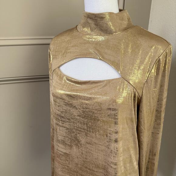 Boston Proper Metallic Gold Keyhole Mock Neck Top Size M Shiny Statement Blouse - Picture 2 of 5